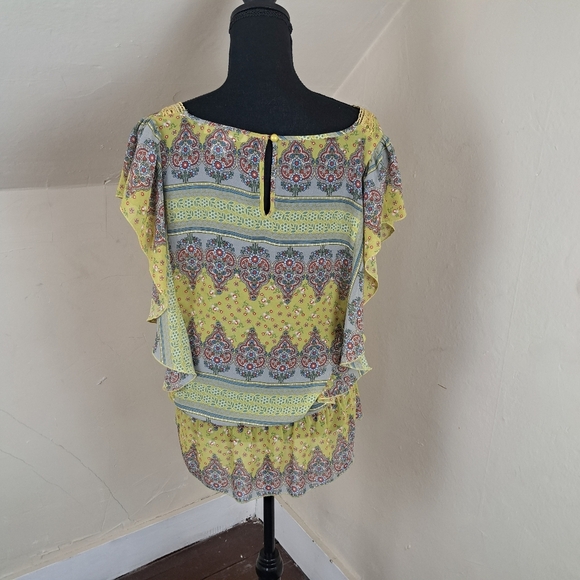 WD NY Women’s Yellow Blue Floral Ruffle Sheer Top Blouse Size L - Picture 4 of 10